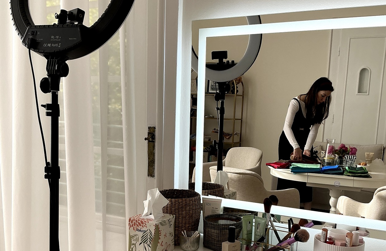 large mirror with makeup equipment
